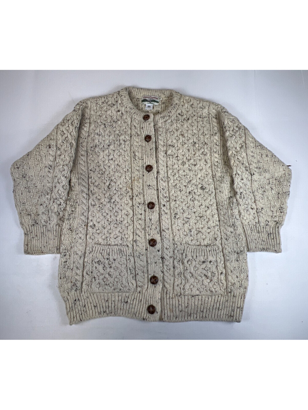 Celtic Country Womens S Beige Vintage Irish Wool Cable Knit Cardigan Sweater